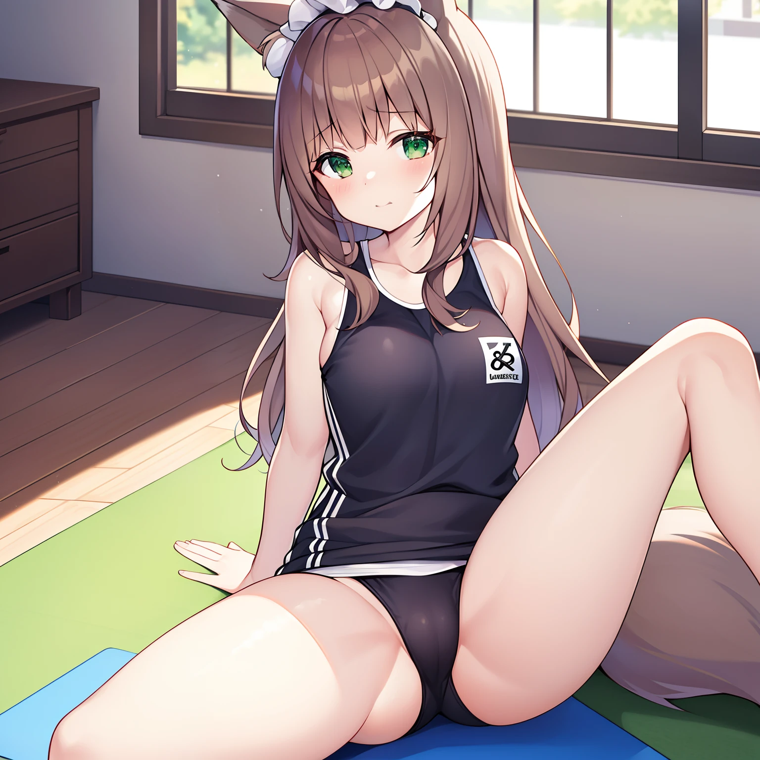 (tmasterpiece,Highest high resolution,8k wallpaper,Highest drawing quality),1girll,Solo,(Huge fox tail),Brown hair long,Green eyes,Small flower headdress,21-year-old college student_C cup,Modern architecture, On The Home,Girl exposes prostate on yoga mat,Wear a sexy white sports vest_Sexy sports shorts,Under the sun,