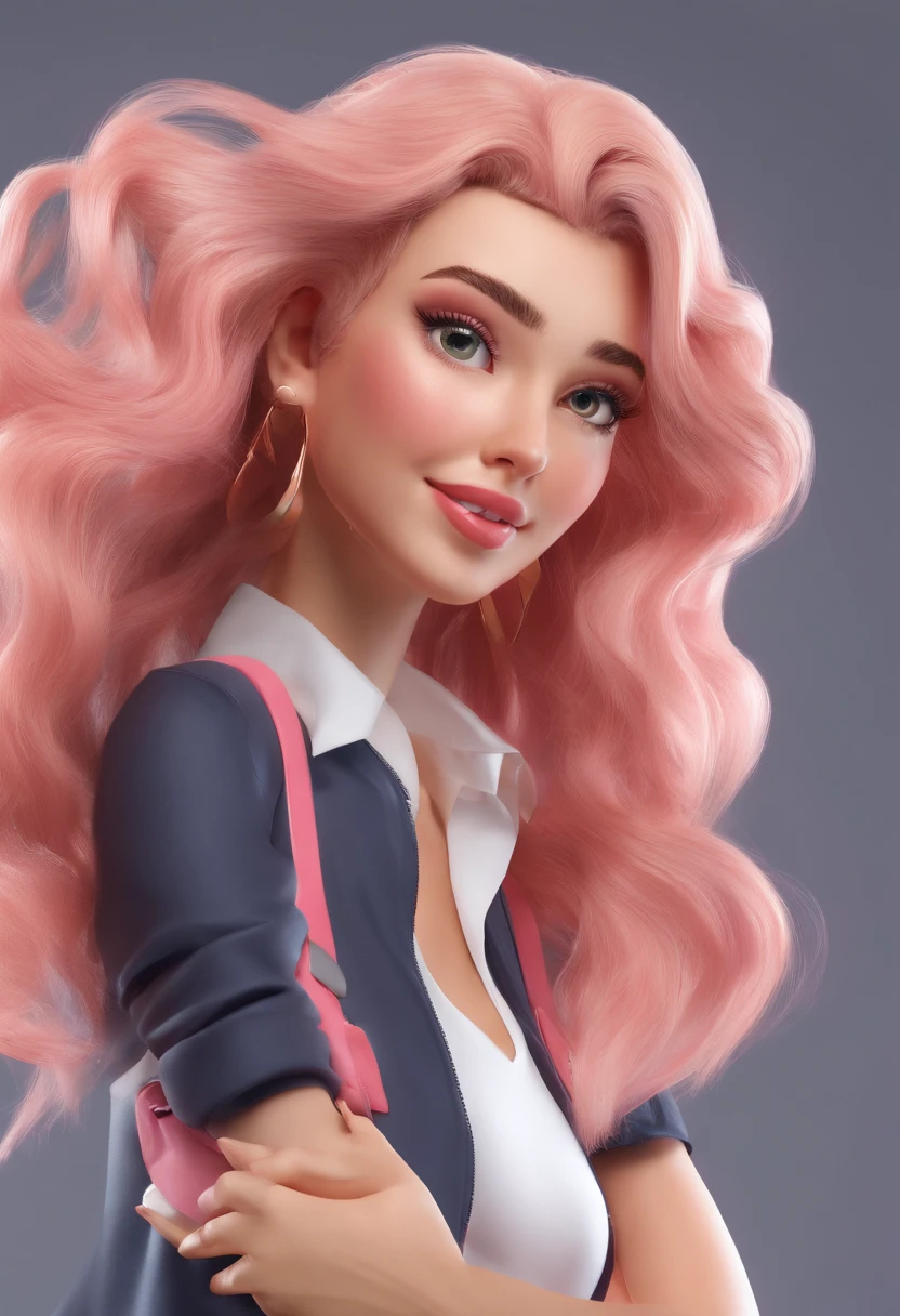 mulher estudante de marketing (cabelo ondulado castanho escuro, olho castanho escuro, usando um terninho rosa, segurando um celular), Background Story (s office, redes socias),mulher olhando o celular feliz