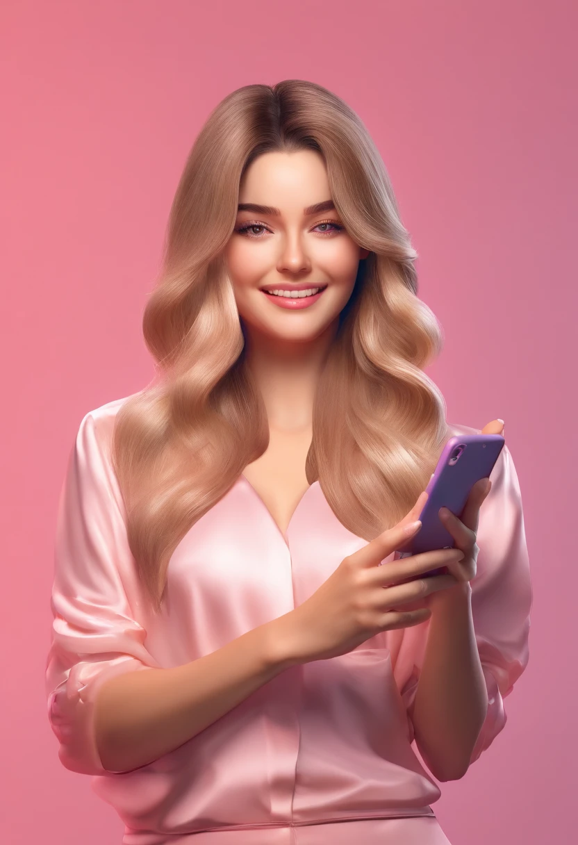 mulher estudante de marketing (cabelo ondulado castanho escuro, olho castanho escuro, usando um terninho rosa, segurando um celular), Background Story (s office, redes socias),mulher olhando o celular feliz
