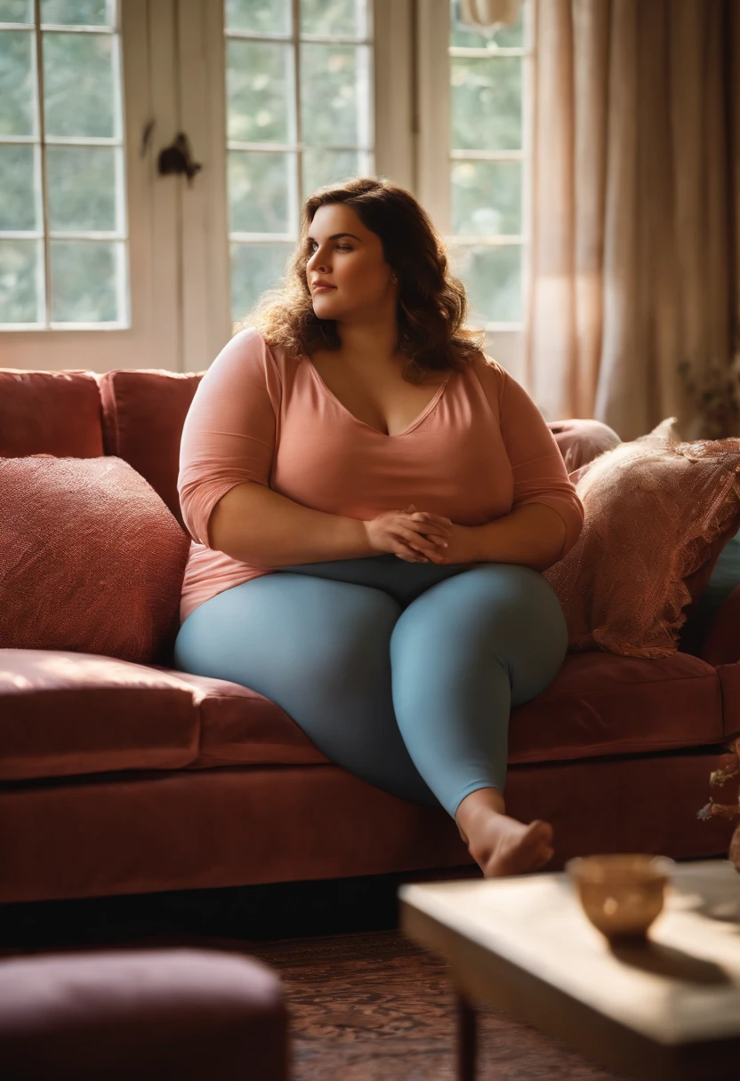 1girl,plump fat woman,sitting on a cozy couch,crossing legs,soft light