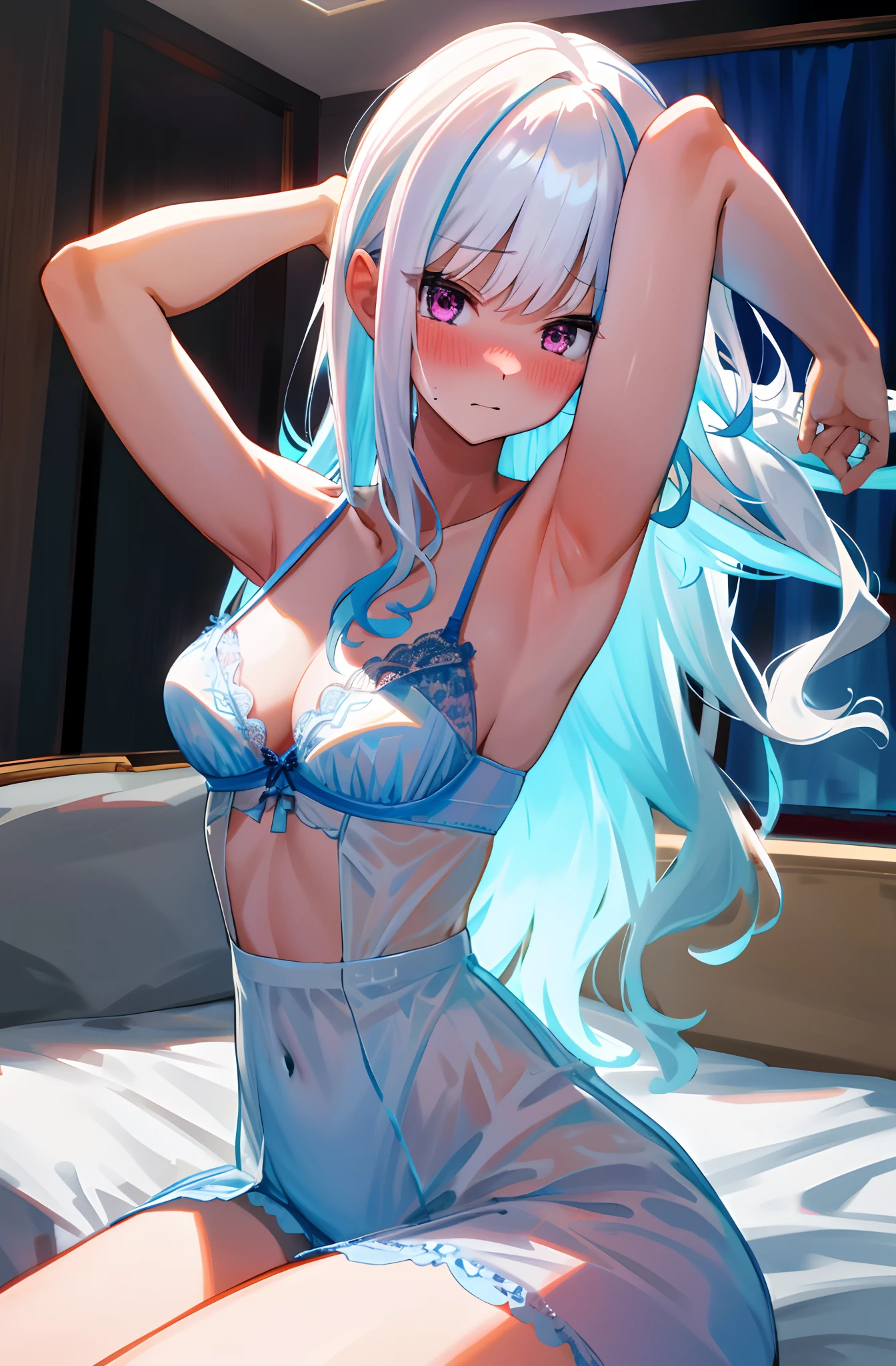 One girl with long wavy hair, white hair, looking at viewer, embarrassed, blushing, tears, indoor , bare shoulders, bare hands, medium breast, underwear only, bra, bra visible, wearing underwears, lace bra white underwear, lace underwear, white panties, , naked, perfect waist, thigh, bed, hip high skirt, laying on, arms up, armpits, night atmosphere, hair ornament