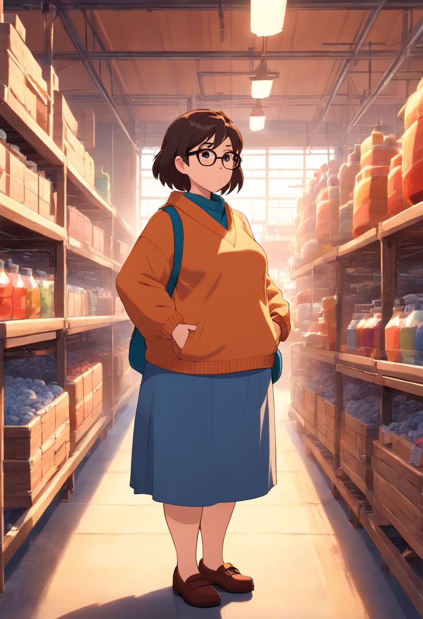 disney pixar, Chubby person in front of a knitwear factory with Japanese style glasses