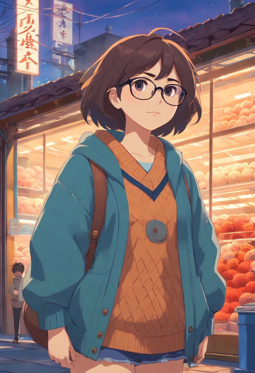 disney pixar, Chubby person in front of a knitwear factory with Japanese style glasses