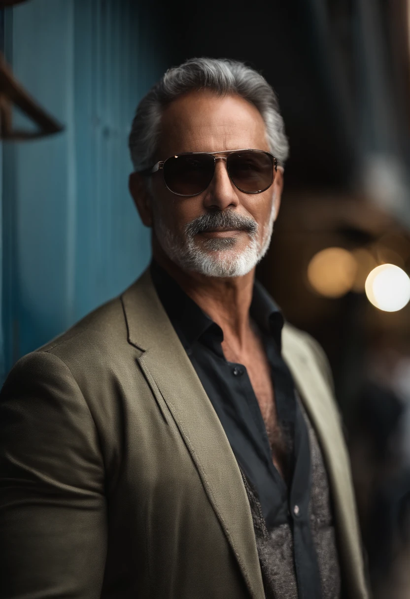 homem de aparentemente 55 anos, um pouco acima do peso, nariz largo, pele morena, oculos de grau, com roupa sport e colete preto aberto, sem barba e sem bigode, sombrancelha preta, cabelo com corte baixo e grisalho,