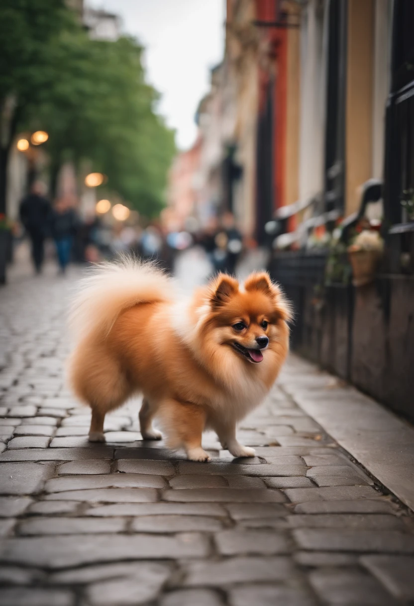 Cute looking German spitz strolling in the city