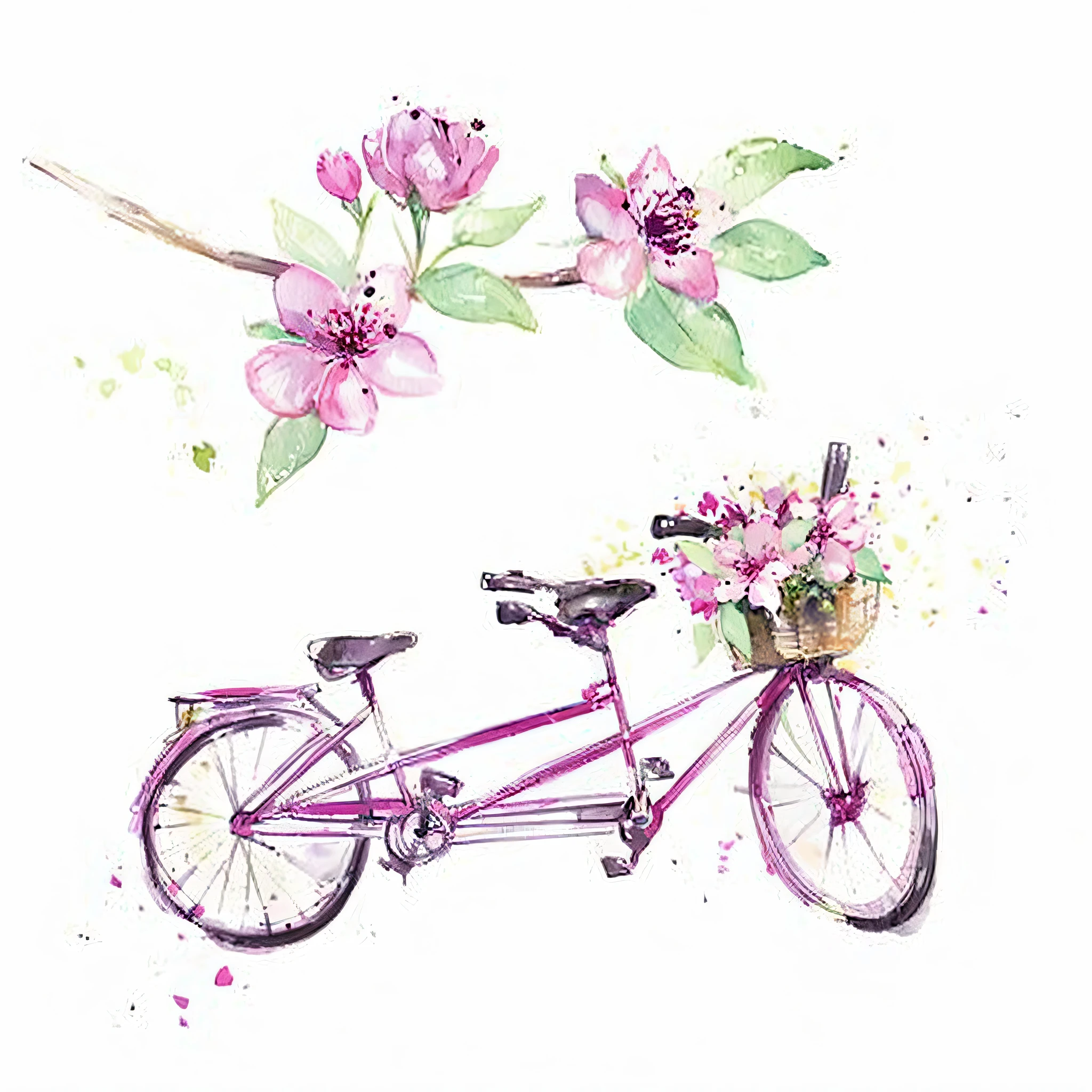 a painting of a pink bicycle with flowers in the basket, watercolor illustration, falling cherry blossom petals, watercolor style, watercolor drawing,art illustration, beautiful art, illustation, spring theme