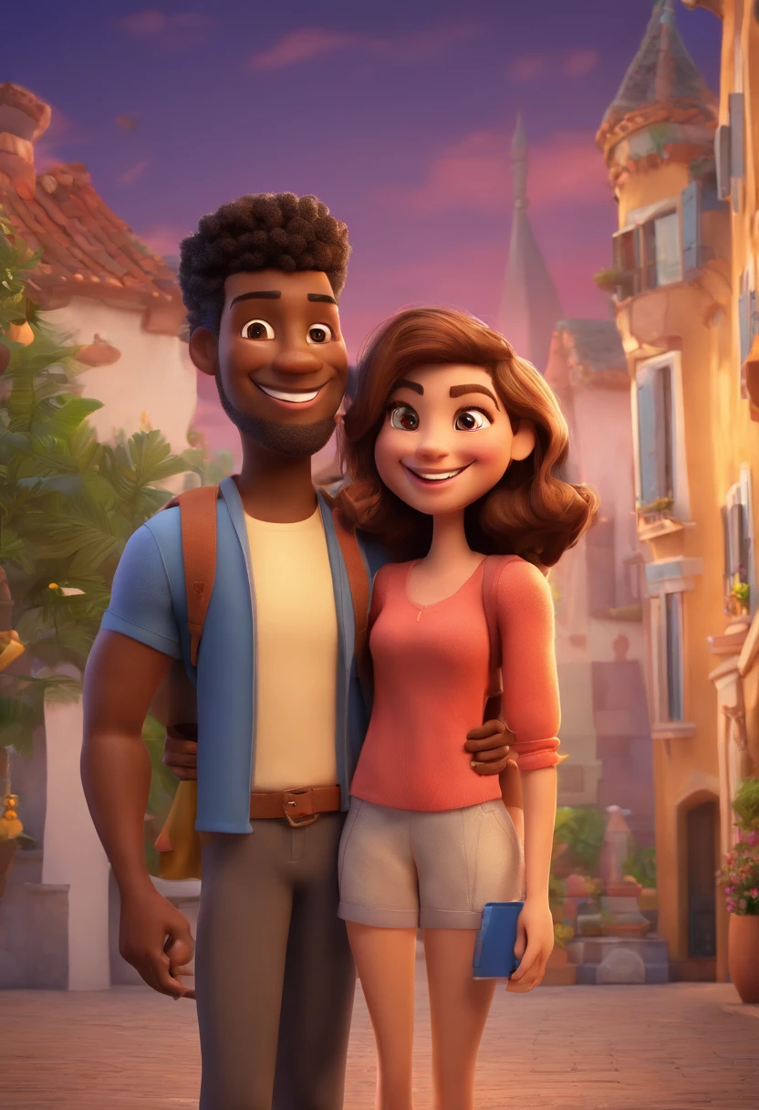 An illustration of an adorable couple, Highlighting a black man and a brunette woman with beautiful expressive eyes – the man's skin is light brown and the man's hair is straight and black, while the woman's skin is brown and the woman's hair is straight and black. They are a bright room, cada um com um sorriso no rosto, e compartilhar um momento especial caracterizado pelo amor, Insights. Illustrate this scene from a perspective where they are facing the camera, Smiling and Showing Your Connection. Desenvolva esta arte em Full HD, Focus on your cinematic touch, Estilo Disney Pixar Animations