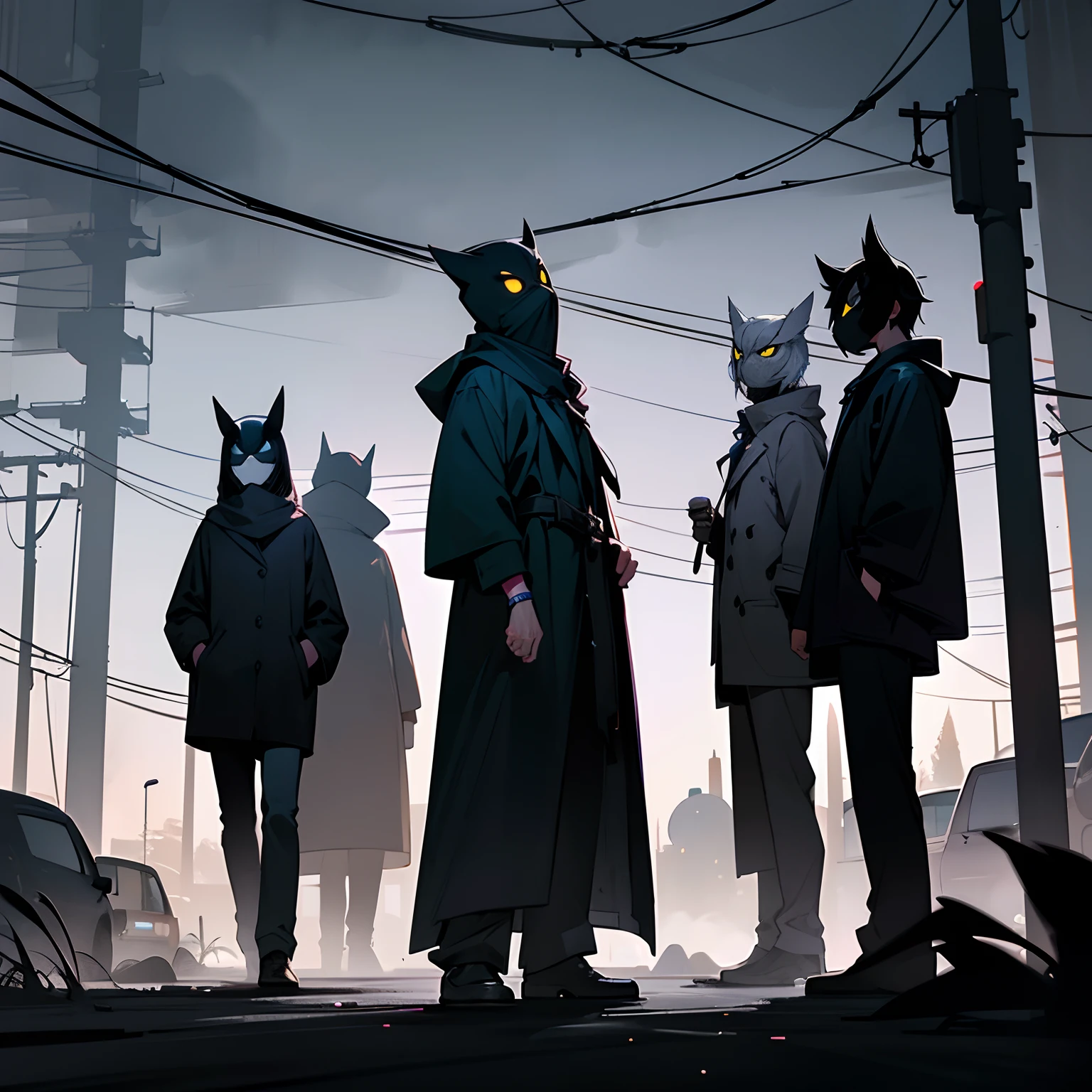 "(best quality, realistic), Group of thieves,standing on the side of a road,waiting for a vehicle to pass by, pitch black surroundings,car with xenon lights in the background, heading towards them, mysterious atmosphere,shadows lurking behind, suspicious glances,hidden intentions, dimly lit street lamps,anxiety and anticipation,faint sound of footsteps,cracked asphalt road, chilling night breeze,distant hooting owls, suspenseful mood, masks concealing identity,hidden getaway vehicle,moonlight casting eerie shadows, nerve-wracking silence"