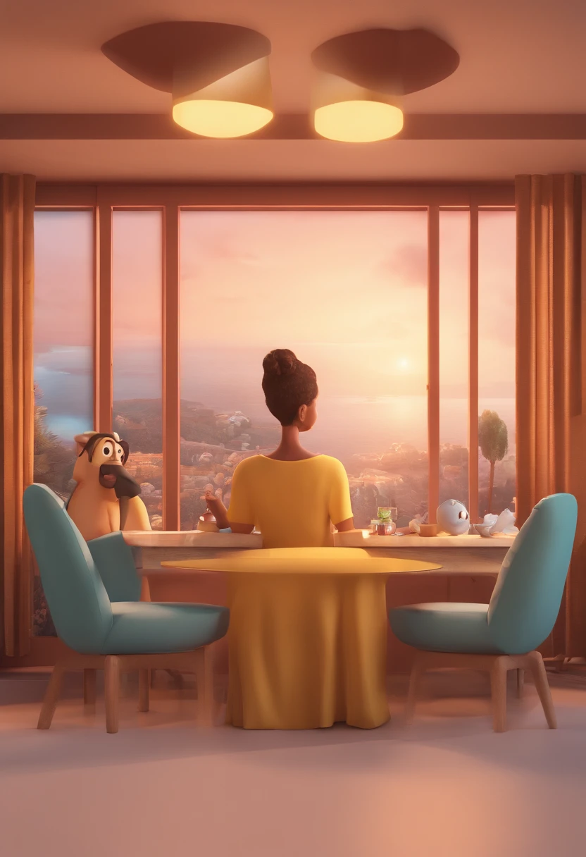 An illustration of an adorable couple, Destacando um homem e uma mulher com beleza, Expressive eyes – the man's hair is bald and brown and he has a full beard, While the woman's hair is tied up in a bun and blonde. They are a bright space, Todos com um sorriso no rosto, e compartilhe um momento especial, That is marked by love, viagem, and pedagogical insights. Ilustre esta cena a partir de uma perspectiva, where they're facing away from the camera, Show Your Connection. Desenvolva esta arte em Full HD, Focus on your cinematic touch, Estilo Disney Pixar Animations