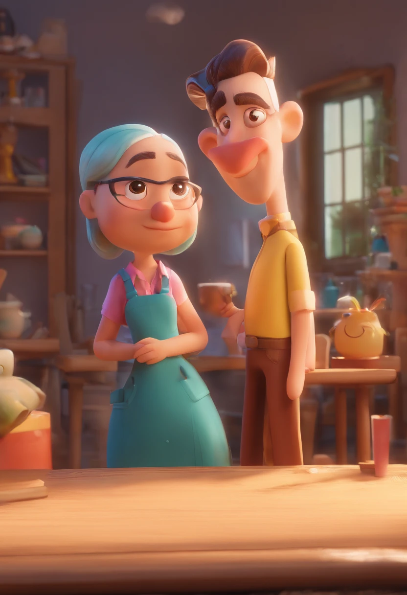 An illustration of an adorable couple, Destacando um homem e uma mulher com beleza, Expressive eyes – the man's hair is bald and brown and he has a full beard, While the woman's hair is tied up in a bun and blonde. They are a bright space, Todos com um sorriso no rosto, e compartilhe um momento especial, That is marked by love, viagem, and pedagogical insights. Ilustre esta cena a partir de uma perspectiva, where they're facing away from the camera, Show Your Connection. Desenvolva esta arte em Full HD, Focus on your cinematic touch, Estilo Disney Pixar Animations