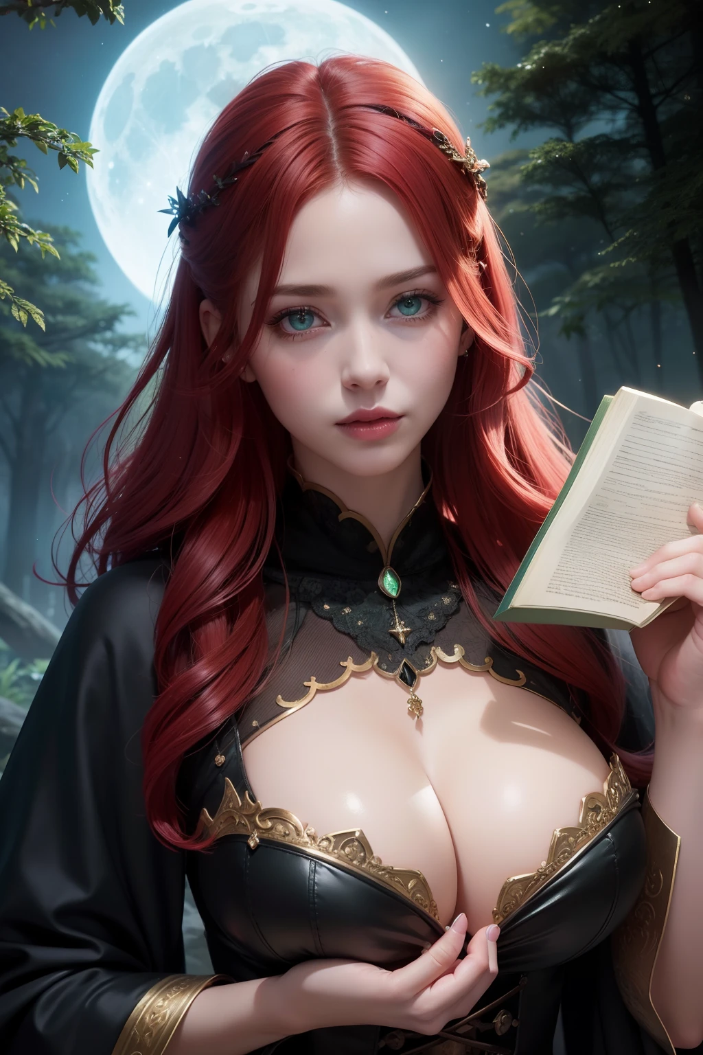 (Best Quality,hight resolution,Vivid colors),Beautiful detailed green eyes, beautiful detailed lips,Extremely detailed eyes and face,Red-haired Pretty Girl,Stunning beauty,fine complexion,,The Enchanted Forest,sorcery,Magical atmosphere,Mysterious Vibes,Floating leaves,Glowing Book of Spells,Sparkling Wand,Dark Robe,captivating gaze,Ancient knowledge,incantation,Magic potions,silhouette,Moonlit night,Sorceress in moonshine, big breastes.
