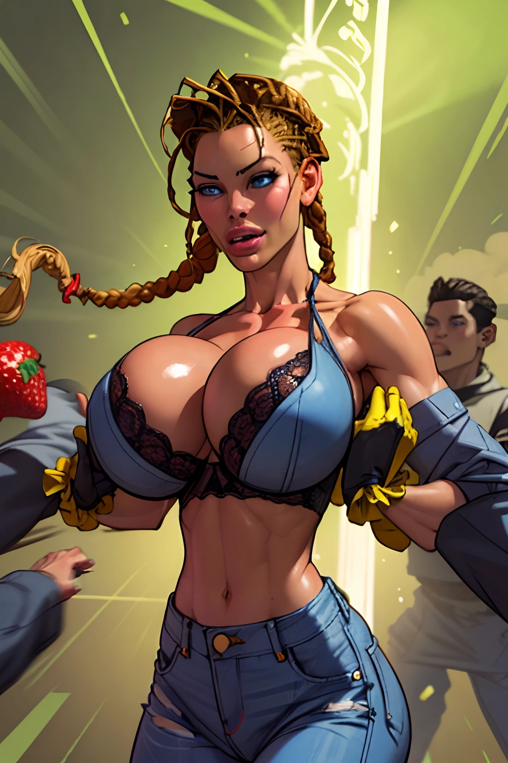 (((1 girl, cute, (gigantic breasts:1.2), sleeveless denim jacket, black lace bra, jeans, black elbow Gloves, strawberry blonde hair, ((cornrows braids:1.4)), blue eyes))), (((strawberry blonde hair))),
dynamic poses, realistic style, depicting a group of characters in various action scenes, from intense battles to lighthearted moments, with dramatic speed lines and bold sound effects, capturing the excitement and energy of the story, Laser rays from the palm of hand, Attack forward with palm, temple, japan,
