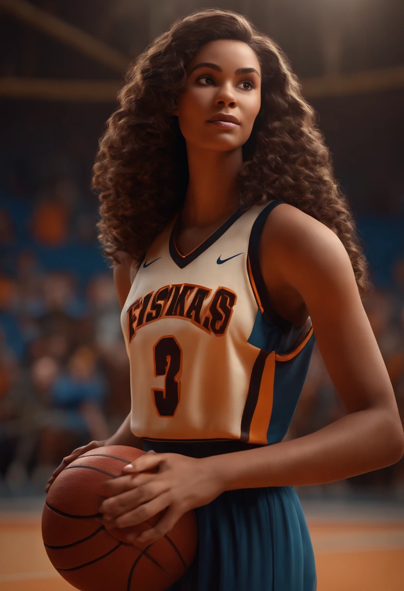 Imagem estilo Pixar com personagem 3D mulher cabelos enrolados castanho escuro amarrado, jogadora de basquete, na quadra de basquete, basketball in hand