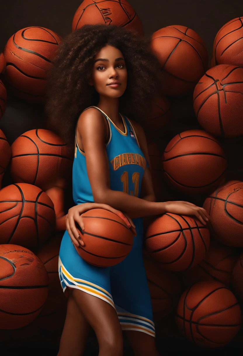 Imagem estilo Pixar com personagem 3D mulher cabelos enrolados castanho escuro amarrado, jogadora de basquete, na quadra de basquete, basketball in hand
