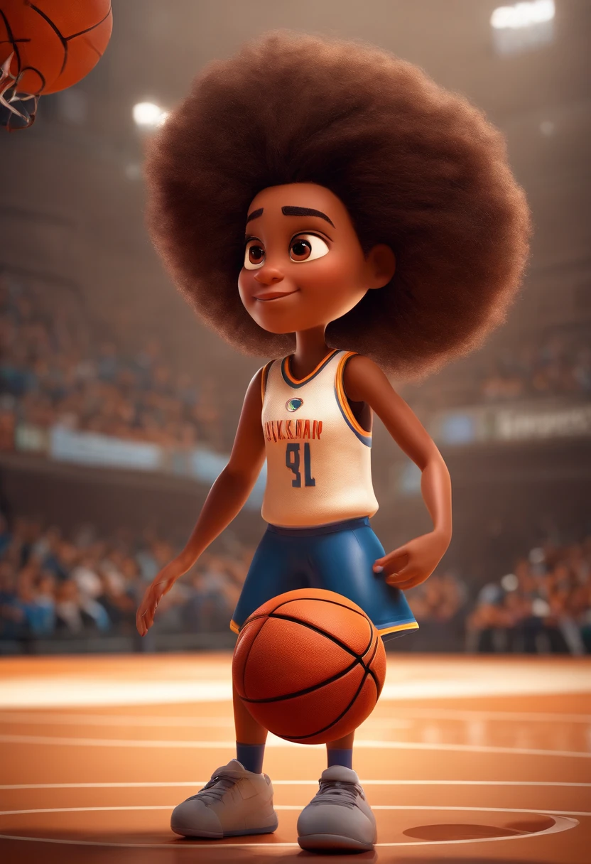 Imagem estilo Pixar com personagem 3D mulher cabelos enrolados castanho escuro amarrado, jogadora de basquete, na quadra de basquete, basketball in hand