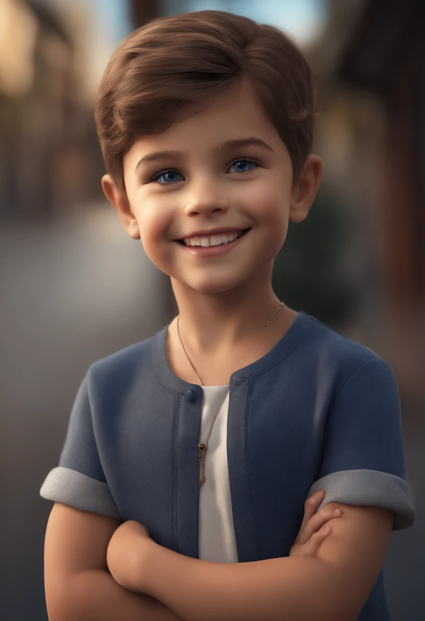 a happy cute standing short hair, vestindo um blusa social azul escuro, segurando uma cruz, fundo branco, barnet, Tom, Estilo Pixar, ....3d, desenhos animados, rosto detalhado, asymmetrical 16k