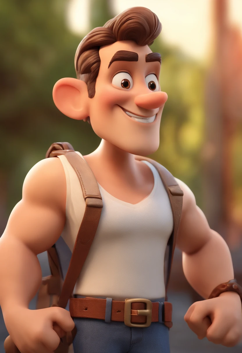 Cartoon character of a man wearing a white tank top shirt, um personagem animado, Caractere estilizado, animation style rendering, 3D estilizado, Arnold Maya render, 3 d render stylized, toon render keyshot, Personagem 3D, Personagem 3D, 3d rendering stylized, 3 d character render, personagem de desenho animado, Personagem de close up, Pose de personagem, (Estilo Pixar) (master part:1.2) (Bokeh) (best quality) (pele detalhada) (textura detalhada) (8k) (argila) (Cinematic lighting) (foco nítido,Senta e vaza a parte superior do corpo