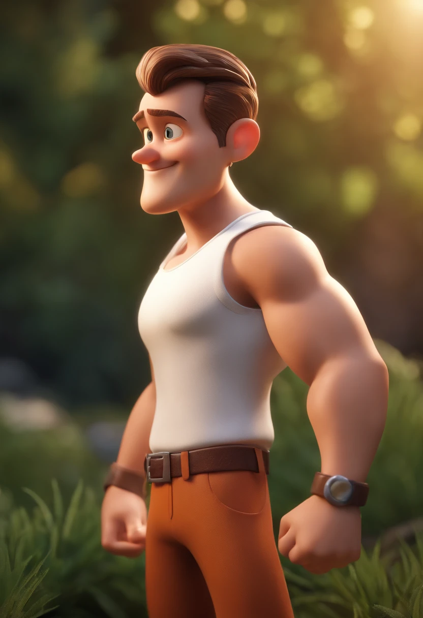 Cartoon character of a man wearing a white tank top shirt, um personagem animado, Caractere estilizado, animation style rendering, 3D estilizado, Arnold Maya render, 3 d render stylized, toon render keyshot, Personagem 3D, Personagem 3D, 3d rendering stylized, 3 d character render, personagem de desenho animado, Personagem de close up, Pose de personagem, (Estilo Pixar) (master part:1.2) (Bokeh) (best quality) (pele detalhada) (textura detalhada) (8k) (argila) (Cinematic lighting) (foco nítido，Senta e vaza a parte superior do corpo