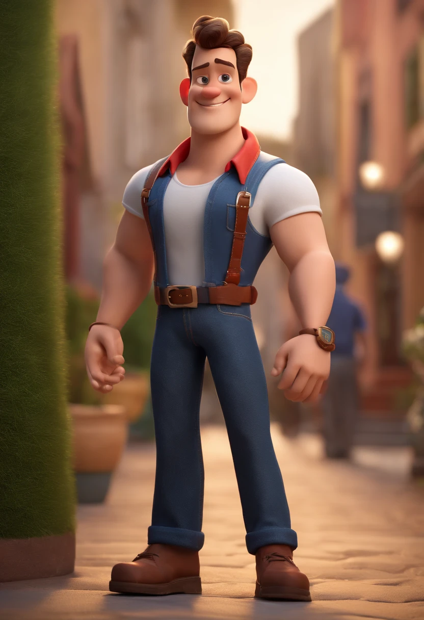 Cartoon character of a man wearing a white tank top shirt, um personagem animado, Caractere estilizado, animation style rendering, 3D estilizado, Arnold Maya render, 3 d render stylized, toon render keyshot, Personagem 3D, Personagem 3D, 3d rendering stylized, 3 d character render, personagem de desenho animado, Personagem de close up, Pose de personagem, (Estilo Pixar) (master part:1.2) (Bokeh) (best quality) (pele detalhada) (textura detalhada) (8k) (argila) (Cinematic lighting) (foco nítido,Senta e vaza a parte superior do corpo