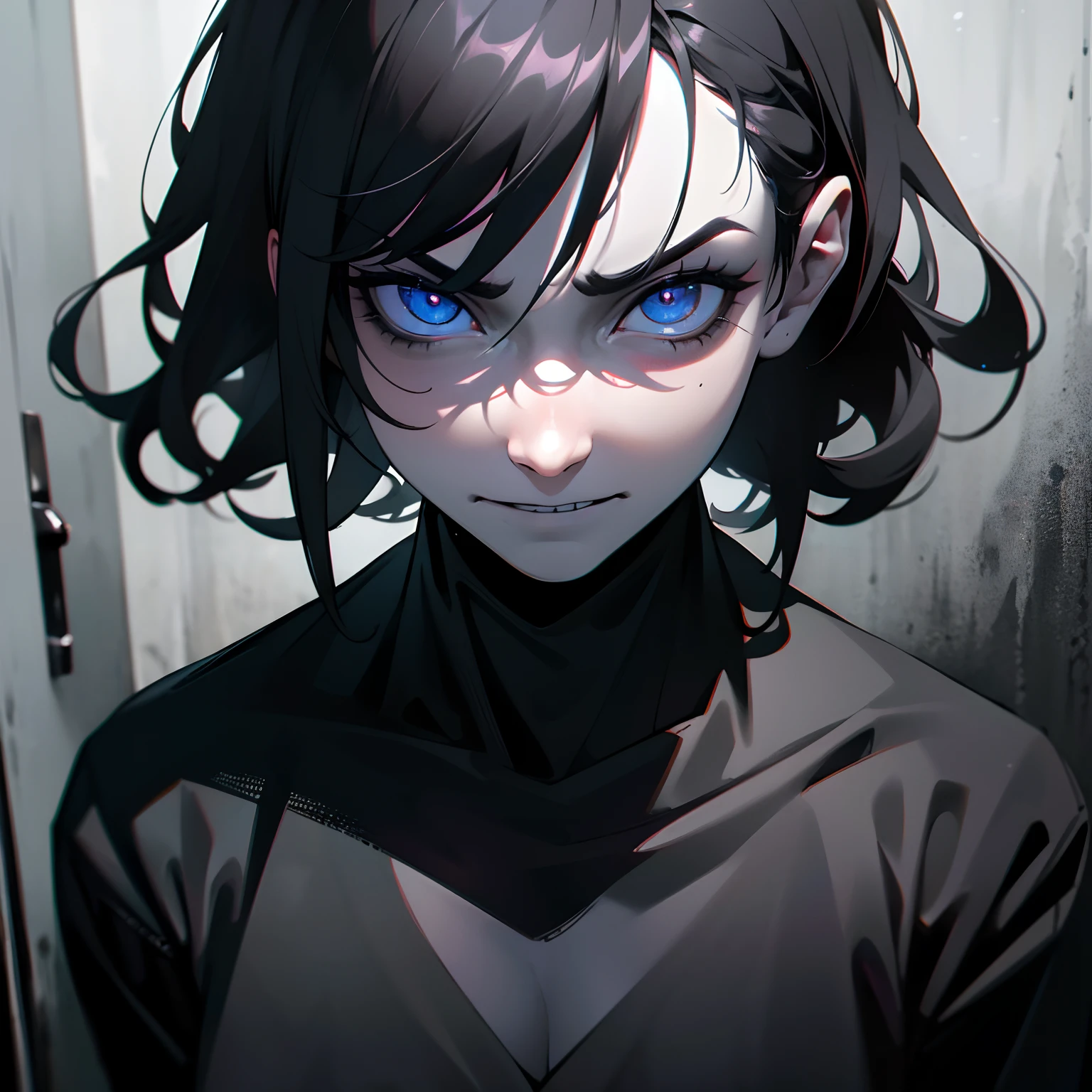 (best quality,4k,8k,highres,masterpiece:1.2),ultra-detailed,(realistic,photorealistic,photo-realistic:1.37),horror,close up shot,serial killer,creepy smile:1.1,widely creepy smile,slightly yellow perfect teeth,penetrating blue eyes,dark skin:1.1,black curly hair,evil grin,intense gaze,menacing expression,ominous aura,sinister vibe,facial details,sharp features,disturbingly captivating stare,suspenseful atmosphere,gloomy lighting,foreboding mood,menacing presence,haunting expression,intimidating appearance,creepy atmosphere,unnerving smile,threatening countenance,terrifying personality,unsettling vibe,shadows and dark corners,macabre portrait