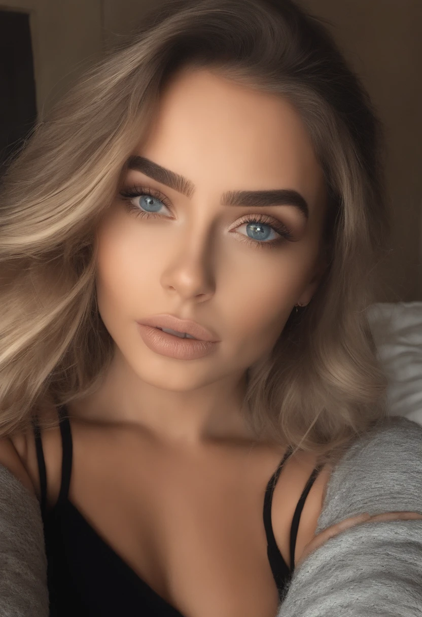 Arafed Mulher Cheia , menina sexy com olhos azuis, ultra realista, Meticulosamente detalhado, Retrato Sophie Mudd, cabelos loiros e olhos grandes, Selfie de uma jovem mulher, Olhos no quarto, Violeta Myers, ohne Maquiagem, maquiagem natural, staring directly at camera, Rosto com Artgram, dezentes Maquiagem, Impressionante tiro de corpo inteiro, ajoelhado na cama, no quarto, busto grande