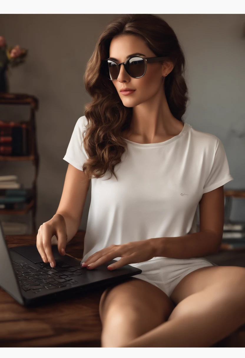 Pixar style image with 3D character white glasses white woman straight brown hair, todo preso, de pijamas, She's using a black laptop. o outro, It's a white man with black hair, Wearing knee-high shorts, sem camisa, usando um pc gamer com led. em um quarto de games escuro com quadros do senhor dos aneis. The two are sitting side by side, em cadeiras pretas de escritorio, usando uma mesa longa de madeira e com gavetas no meio. She's on the left side,ele do lado direito. Cinema lighting,