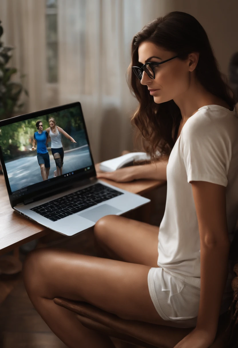 Pixar style image with 3D character white glasses white woman straight brown hair, todo preso, de pijamas, She's using a black laptop. o outro, It's a white man with black hair, Wearing knee-high shorts, sem camisa, usando um pc gamer com led. em um quarto de games escuro com quadros do senhor dos aneis. The two are sitting side by side, em cadeiras pretas de escritorio, usando uma mesa longa de madeira e com gavetas no meio. She's on the left side,ele do lado direito. Cinema lighting,