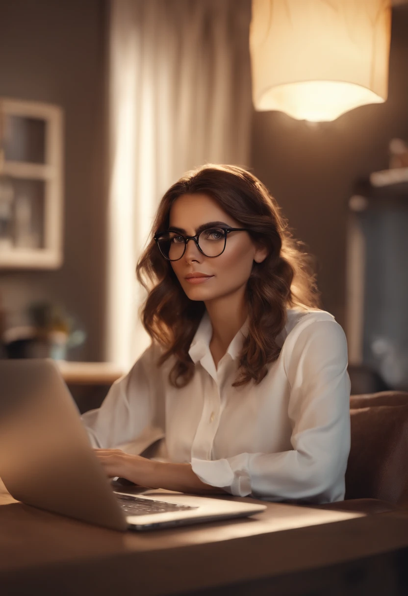 Pixar style image with 3D character white glasses white woman straight brown hair, todo preso, de pijamas, She's using a black laptop. o outro, It's a white man with black hair, Wearing knee-high shorts, sem camisa, usando um pc gamer com led. em um quarto de games escuro com quadros do senhor dos aneis. The two are sitting side by side, em cadeiras pretas de escritorio, usando uma mesa longa de madeira e com gavetas no meio. She's on the left side,ele do lado direito. Cinema lighting,
