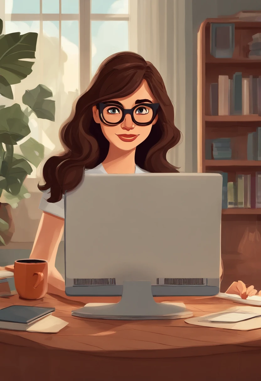 Pixar style image with 3D character white glasses white woman straight brown hair, todo preso, de pijamas, She's using a black laptop. o outro, It's a white man with black hair, Wearing knee-high shorts, sem camisa, usando um pc gamer com led. em um quarto de games escuro com quadros do senhor dos aneis. The two are sitting side by side, em cadeiras pretas de escritorio, usando uma mesa longa de madeira e com gavetas no meio. She's on the left side,ele do lado direito. Cinema lighting,