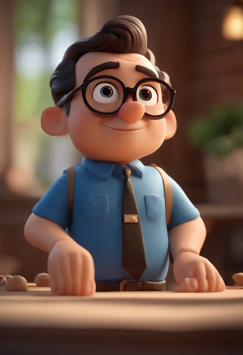 Cartoon character of a man wearing black glasses and a blue shirt, an animated character, stylized character, animation style render, Stylized 3 D, arnold maya render, 3 d render stylized, toon render keyshot, 3d character, 3 d character, stylized 3d render, 3 d character render, cartoon character, close up character, character posing, (Pixar style) (Masterpiece:1.2) (Bokeh) (Best quality) (Detailed skin) (Detailed texture) (8K) (Clay) (Cinematic lighting) (Sharp focus,Sits and leaks the upper body