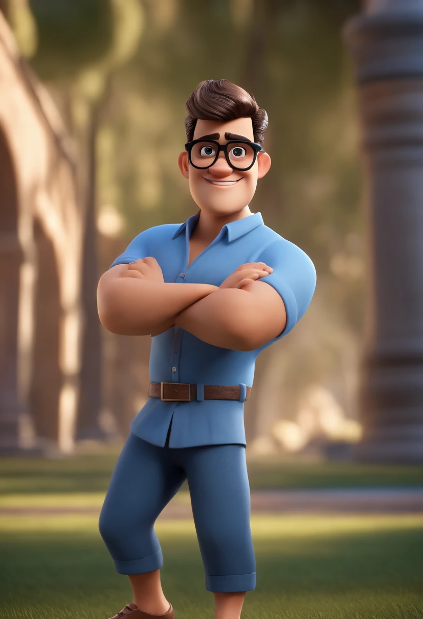 Cartoon character of a man wearing black glasses and a blue shirt, an animated character, stylized character, animation style render, Stylized 3 D, arnold maya render, 3 d render stylized, toon render keyshot, 3d character, 3 d character, stylized 3d render, 3 d character render, cartoon character, close up character, character posing, (Pixar style) (Masterpiece:1.2) (Bokeh) (Best quality) (Detailed skin) (Detailed texture) (8K) (Clay) (Cinematic lighting) (Sharp focus,Sits and leaks the upper body