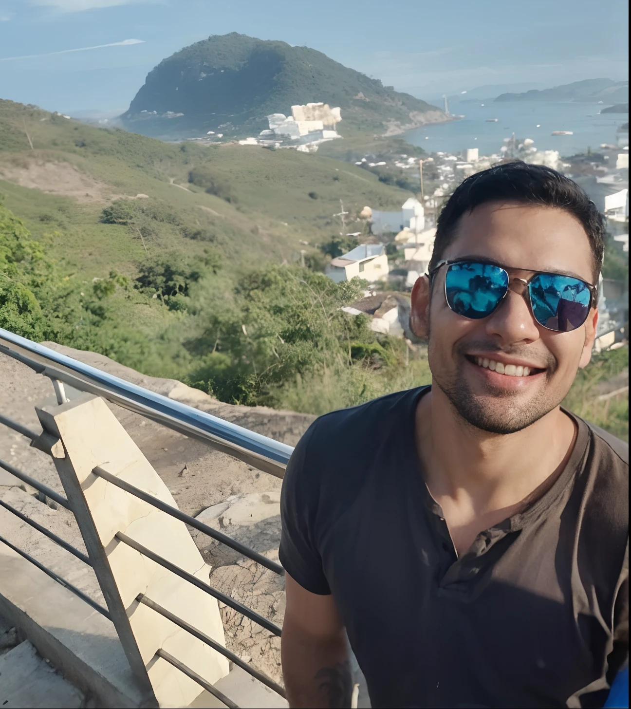 Homem 30 anos, sorrindo e com cavanhaque