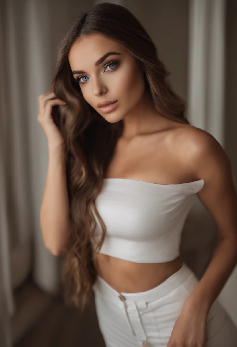 Latino and Swedish Woman, sexy girl with blue eyes, ultra realist, Meticulously detailed, Portrait Sophie Mudd, brown hair and big eyes, selfie of a young woman, club background, white suite, with makeup, natural makeup, looking straight at camera , Face with Artgram, Subtle makeup, Great photo of the whole body kneeling on the couch, in the room, Medium to large bust, in a sexy black bikini outfit, standing on the room