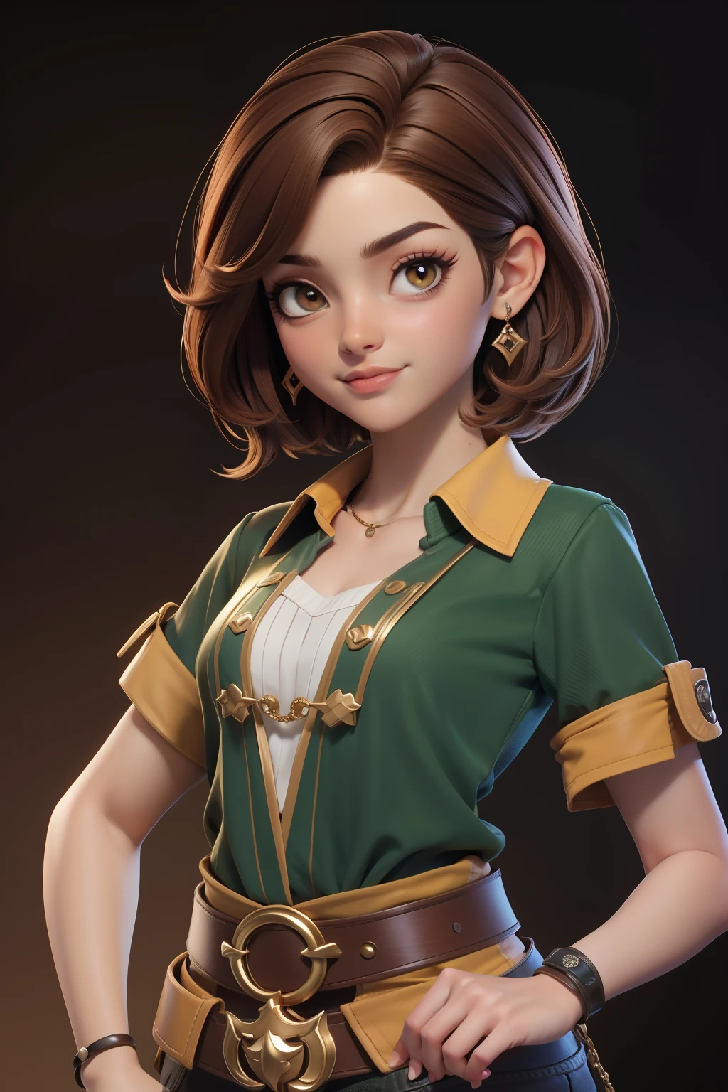 master part, best quality, 1st grade, olhos verdes, pele escura, brown hair, cabelos ondulados, short hair, Brincos, jewelries, pirata, Camisa comprida, fundo simples, sozinho, parte superior do corpo