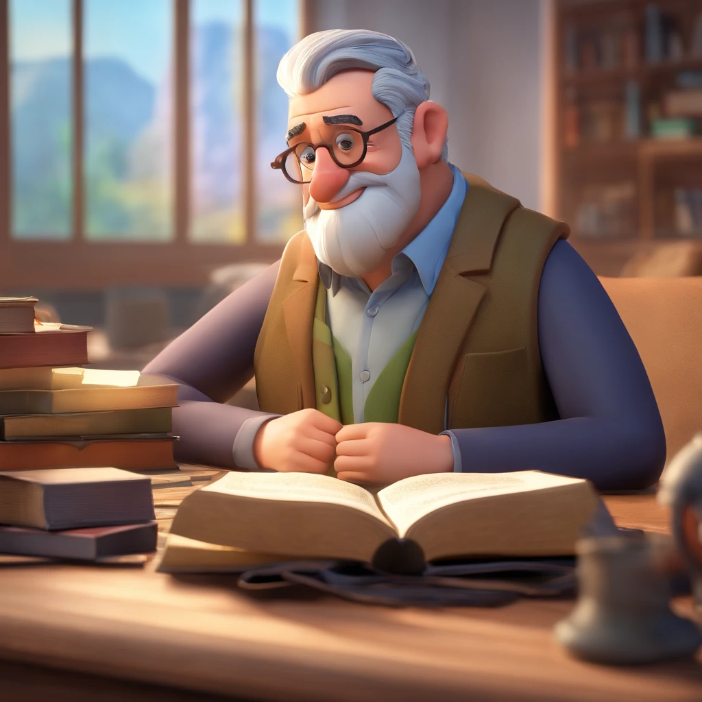 Crie um cartaz inspirado na Disney Pixar com o personagem sendo o pastor Rubens Janier, A gray-haired man wearing glasses, in an office with a Bible on the table, Looking forward and serious