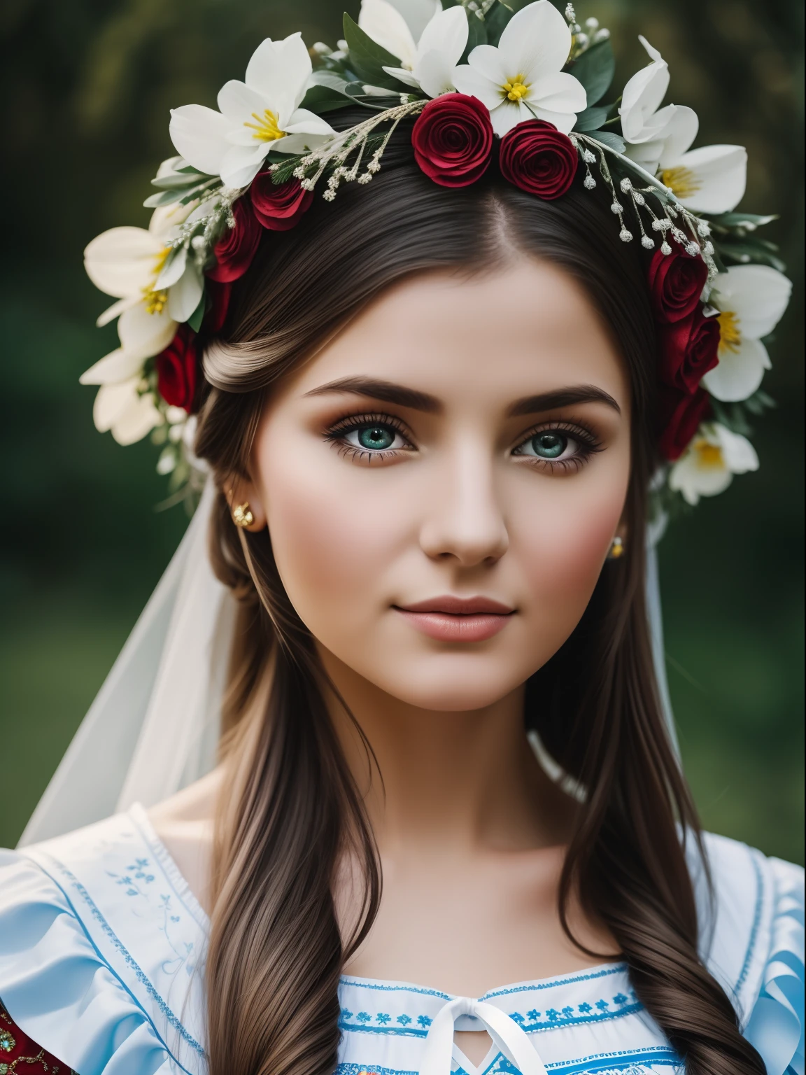 Capture the beauty and cultural heritage of a Ukrainian woman wearing a traditional folk costume. With the Nikon D850 camera and the Nikkor 24-70mm f/2.8E ED VR lens, create a close-up, hyper-realistic portrait of the model. Position the subject in a studio setting with soft, gentle lighting to enhance the delicate features and intricate details of the costume. Pay special attention to the red wreath adorning her head, adorned with blue-white flowers and ribbons that symbolize Ukrainian traditions. Capture the twinkle in her eyes, showcasing her pride and connection to her heritage. Create a bokeh background, adding a picturesque and dreamy atmosphere to the image. With your artistic vision, bring out the true essence of this stunning Ukrainian woman, creating a cinematic portrait that celebrates both her beauty and cultural identity.