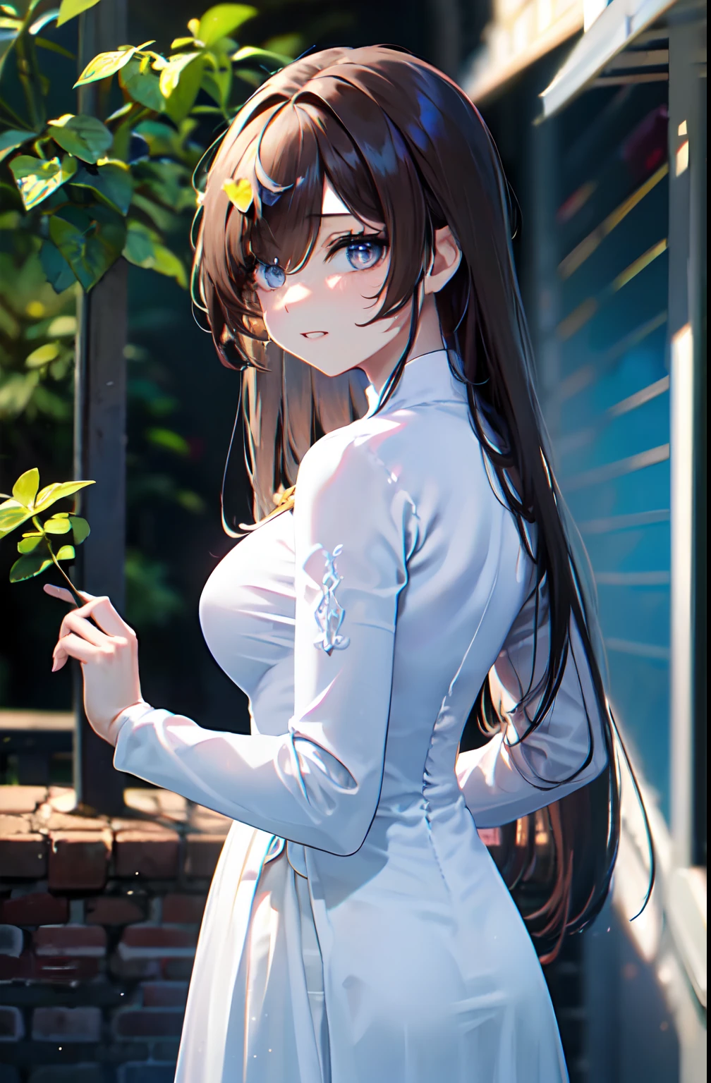 Transcendently Beautiful Girl, (masterpiece face, masterpiece eyes:1.5), BREAK, (long hair, hair over one eye, straight heavy hair, brown hair:1.3), BREAK, Flat_Chest, Huge_breasts, wide_lower back, grin, long eyelashes, makeup, BREAK, (Five Fingers, 4fingers and 1thumb), (plain white ao dai:1.5), side focus, standing, outdoor, daytime, garden, no wind, (from below, from behind:1.3), Masterpiece, best quality, captures a super cute moment, depth of field, ultra detailed, ultra high resolution, C4D, Octadale, 3D modeling, 8k, 16k,