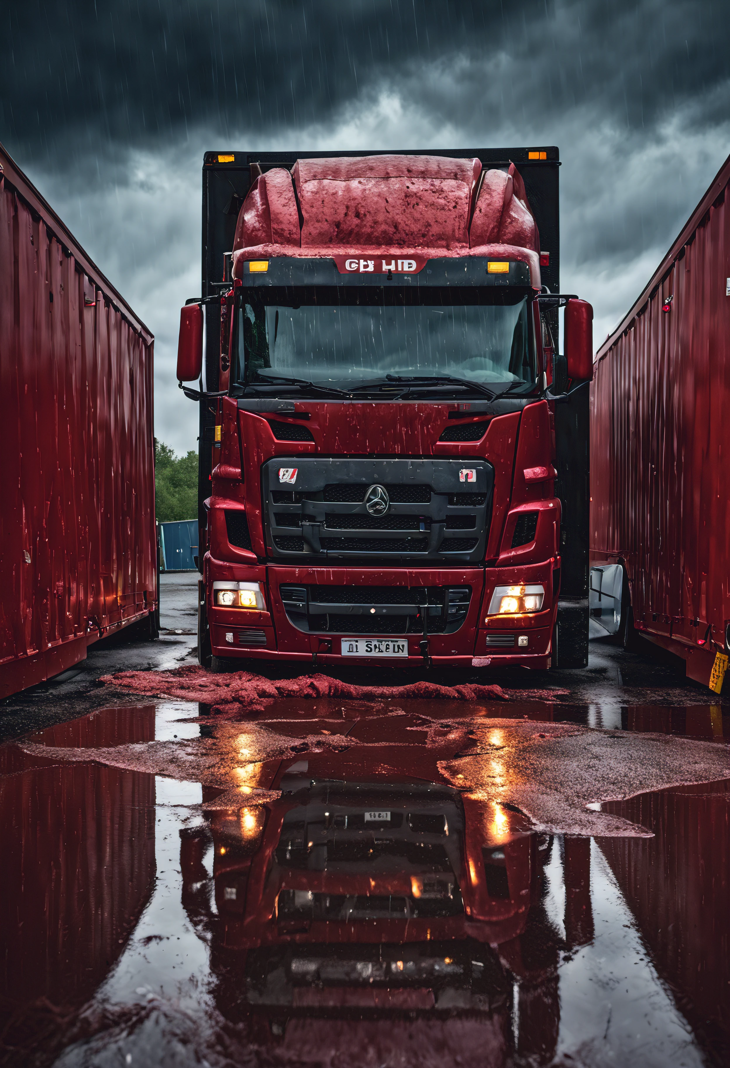 photo of outside a Semitrailer with (red-liquid:1.2) covering the back door, light on inside, (night), lightening, raining, stormy, (parking-lot), blood on ground and walls, caution-tape, (creepy, horror, scary:1.15), (detailed, high resolution, high quality, 8k, UHD, high saturation) isometric, liquid dripping, pooled liquid