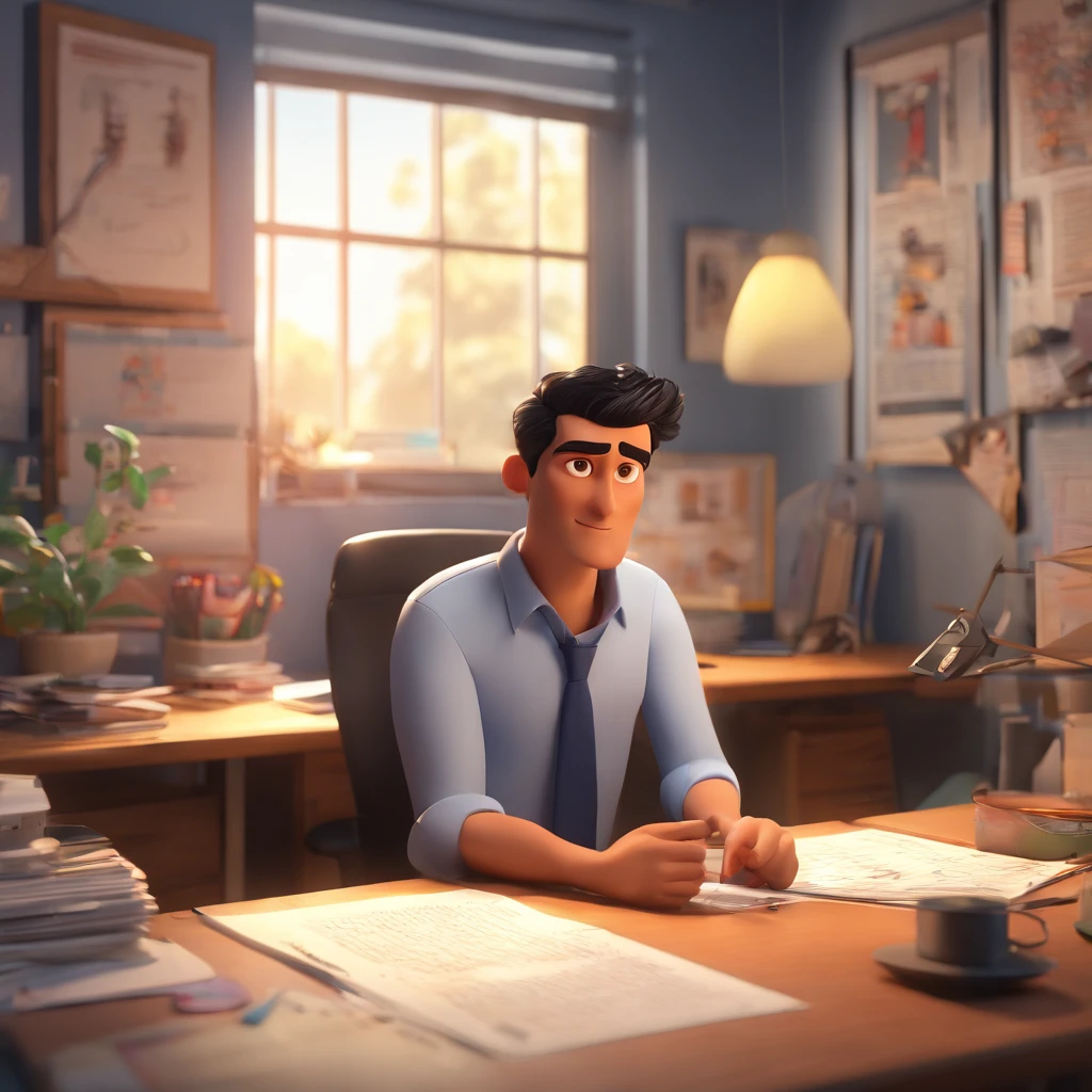 Create a Disney Pixar-inspired poster featuring a black-haired man, um terno, in an office conveying credibility and authority, jovem