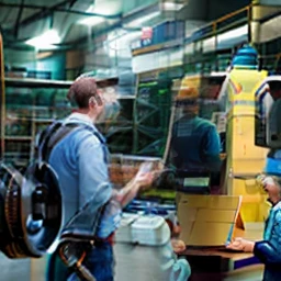 Two men standing in a factory looking at a clipboard, in a factory, em uma oficina, inspect in inventory image, Capturado no iPhone, instagram post, editing, Directed by: Robert Zünd, In the background, Directed by: Karl Völker, Detalhe excepcional, olhando parcialmente para a esquerda, Foto tirada em 2018, highly technical, Iron and machinery inside