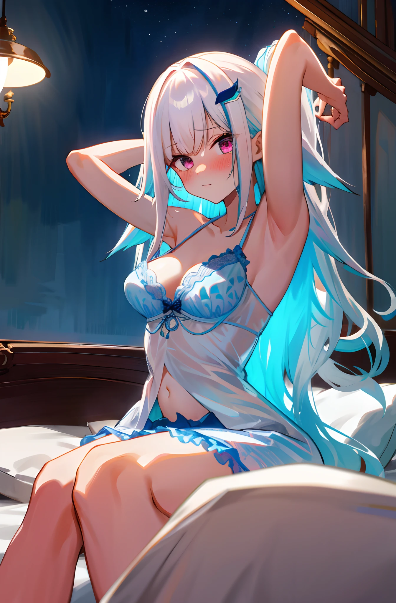 One girl with long wavy hair, white hair, looking at viewer, embarrassed, blushing, tears, indoor , bare shoulders, bare hands, medium breast, underwear only, bra, bra visible, wearing underwears, lace bra white underwear, lace underwear, white panties, nude, naked, perfect waist, thigh, bed, hip high skirt, laying on, lie down, arms up, armpits, night atmosphere, hair ornament