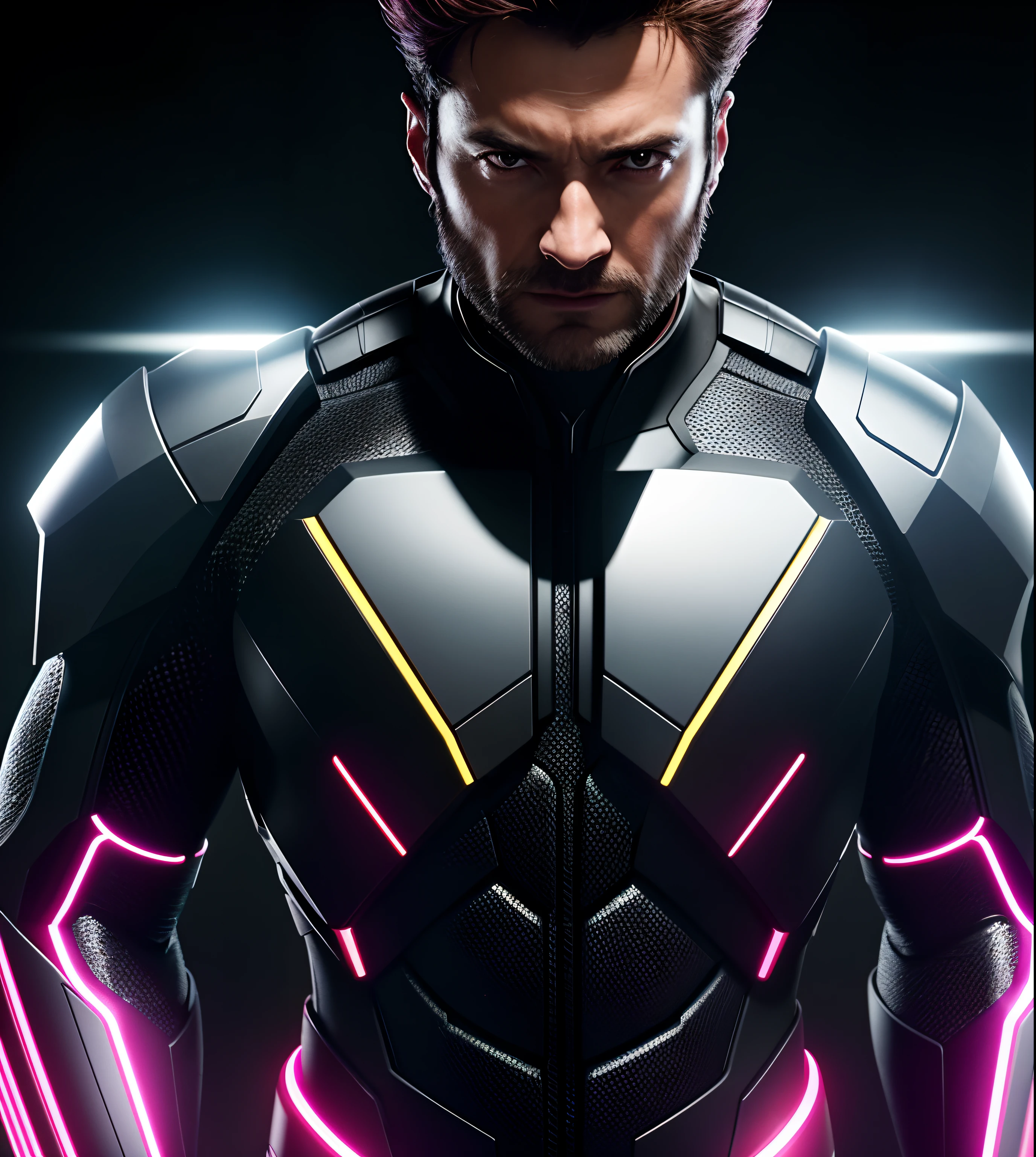 wolverine X-MEN, perfect proportions face, portrait, pink neon tones on black background, iridescent colors, UHD, details, insane details, hyper detailed, micro details, photorealistic, realistic, hyper realistic, golden proportion, ornate, textured, light, natural light, natural lighting, volumetric lighting, hard detail, reflections traced by rays, ultra realistic, maximalism, octane rendering, 3d, volumetric lighting, cinematic lighting, photorealism,  high contrast, lighting, extremely detailed, epic scene, cinematography, hyperdetailed, elegant, mythical, ethereal, intricate, elaborate, hyperrealism, 200mm, UHD, 32k, 16k, 8k, 3d shading, tone mapping, global ray tracing lighting, diffraction grid, crystalline, lumen reflections, super resolution, gigapixel, color grading, retouching, enhanced, art station, weta digital, digital art PBR, blender, V-ray, Procreate, z Brush,  Unreal Engine 5, Cinema 4D, ROMM RGB, Adobe After Effects, 3DCG, VFX, SFX, FXAA, SSAO, 8k