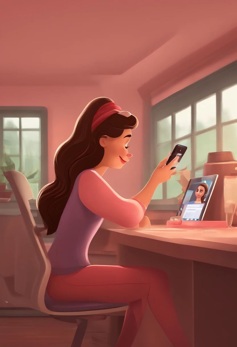 Imagem estilo Pixar com personagem 3D mulher estudante de marketing (cabelo ondulado castanho escuro, olho castanho escuro, usando um terninho rosa, segurando um celular), Background Story (s office, redes socias),mulher olhando o celular feliz Maquiagem Disney, bonitinha, sorridente ,Close-up, Pixar, Disney, Cinema lighting, marketing, rede social