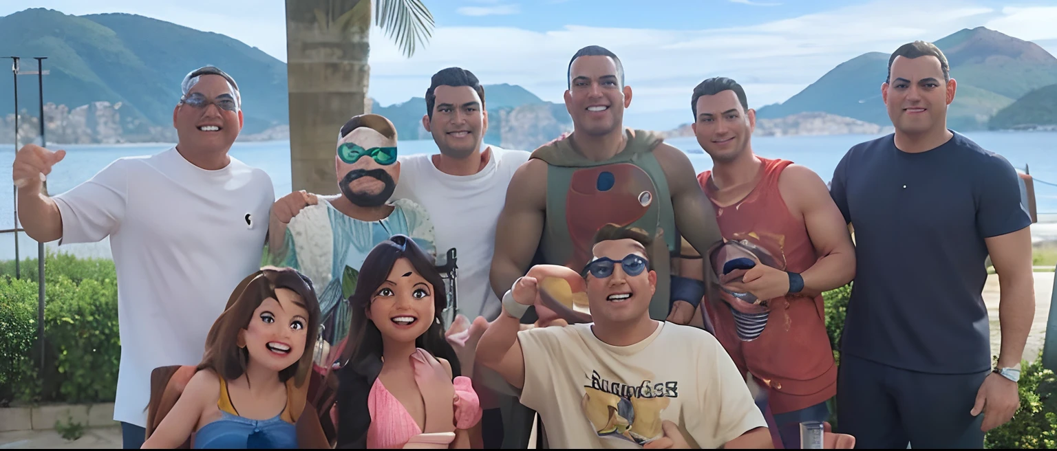 Make an image with the following characters as if they were on the beach Junior H Malilla Arcángel Mike towers Juan Gabriel Ana Gabriel Aleman Gera MXM Dread Mar I Bad Bunny Poo(The one from Kung fu panda)
Shrek
Fredy Mercury