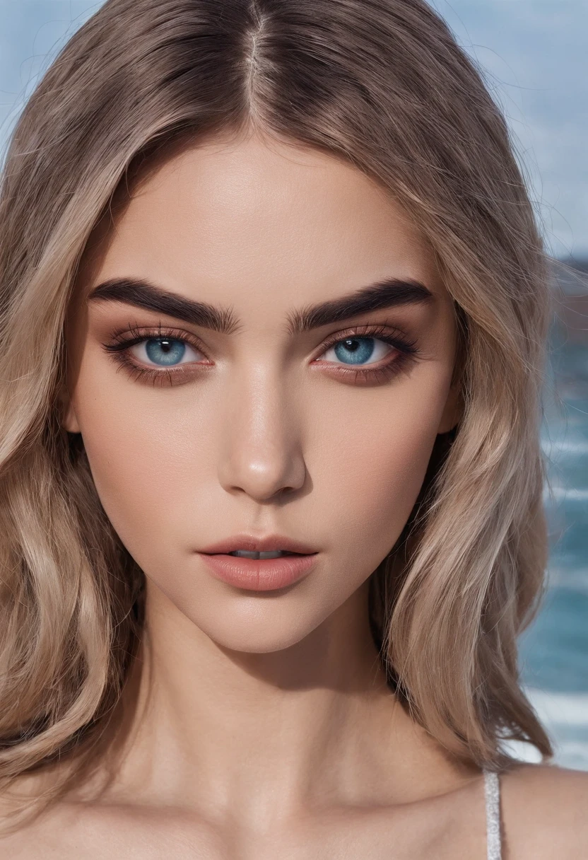 Arafed mujer completamente , Chica sexy con ojos azules, ultra realista, meticulosamente detallado, Retrato Sophie Mudd, cabello moreno y ojos grandes, selfie de una mujer joven, Camera eyes, Violeta Myers, Sin maquillaje, Maquillaje natural, staring directly into camera, Cara con Artgram, Maquillaje sutil, Gran foto de todo el cuerpo en la playa en bikini, Busto mediano a grande