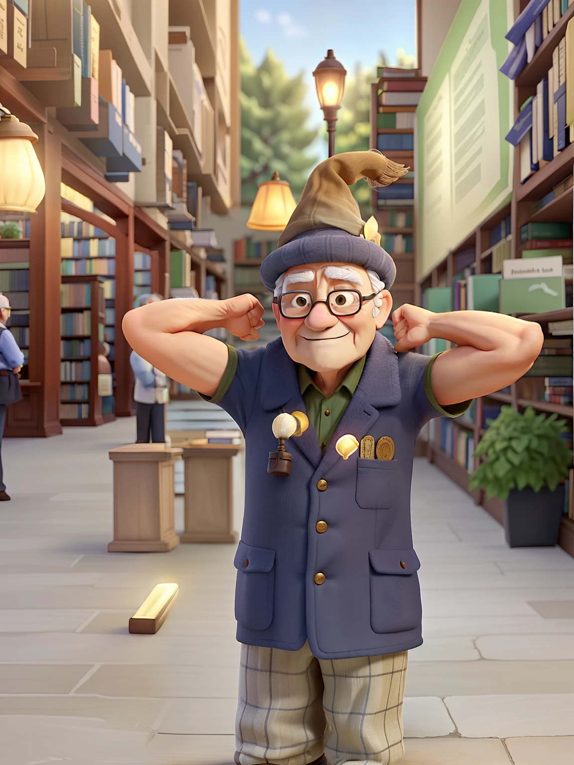 A wise old man standing in front, illuminated by the light of a lamp, against the backdrop of a library