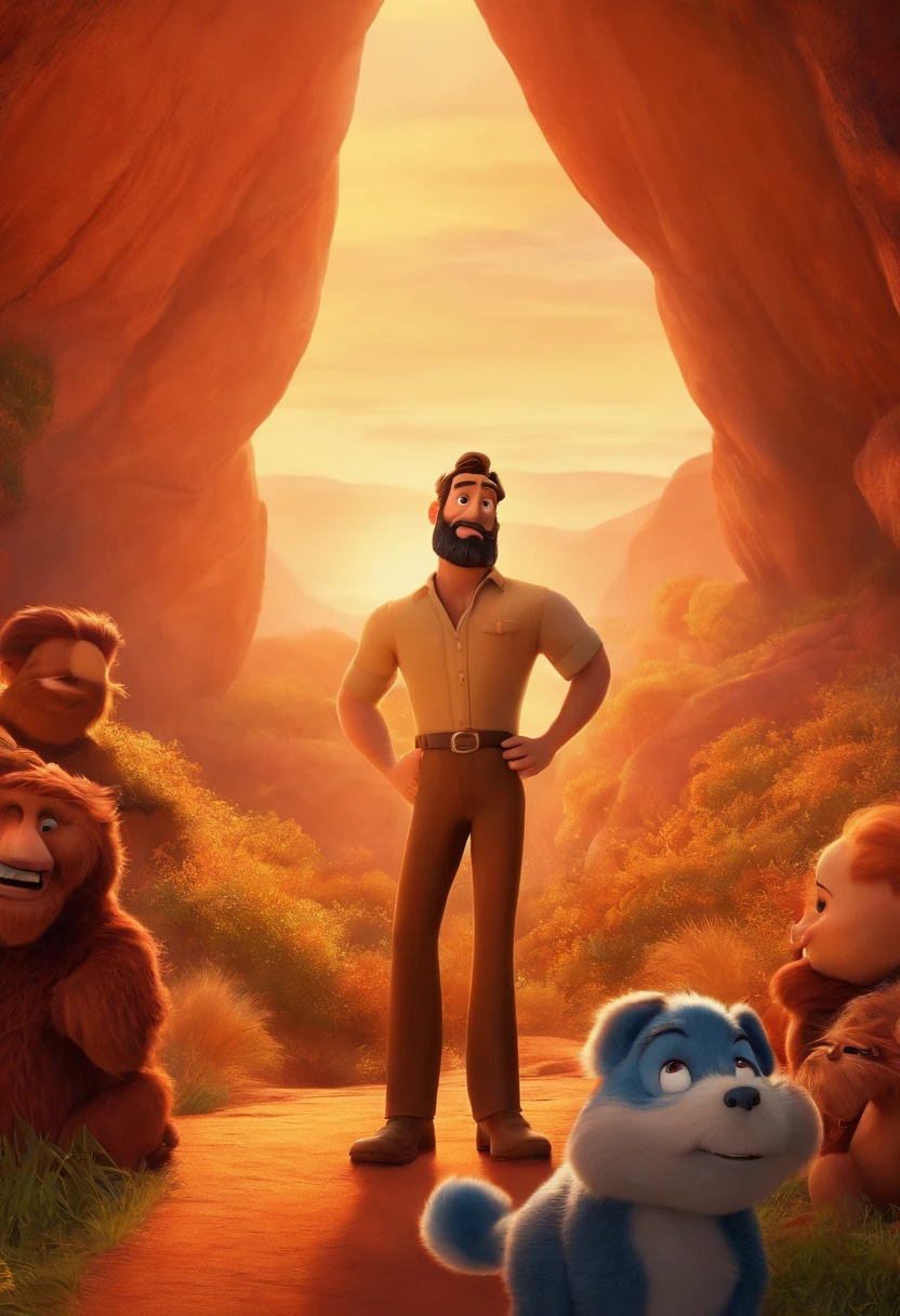 Disney Pixar, homem de 40 anos fogo de frente com barba e sorrindo