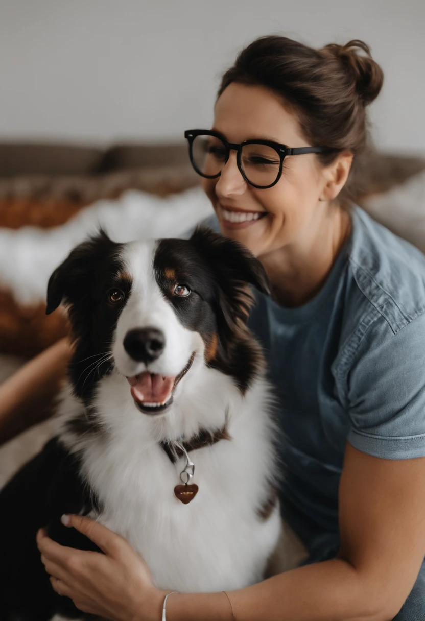 Pixar. Casal com um filhote de cachorro border collie marrom. A menina tem os cabelos marrom amarrados, Camiseta cinza e jeans claro, white glasses. O menino de cabelos pretos, barba pequena, oculos, Dark blue jeans and gray t-shirt. They are both smiling and are 25 years old