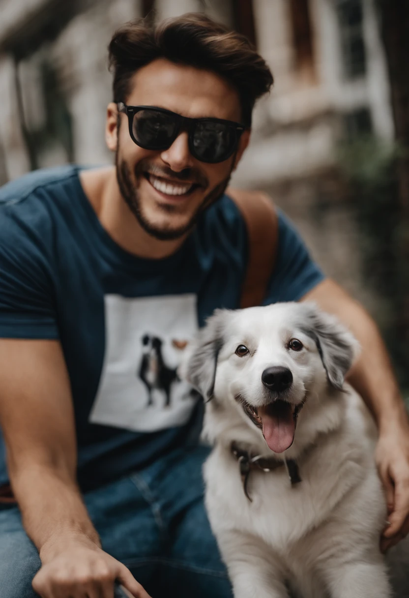 Pixar. Casal com um filhote de cachorro border collie marrom. A menina tem os cabelos marrom amarrados, Camiseta cinza e jeans claro, white glasses. O menino de cabelos pretos, barba pequena, oculos, Dark blue jeans and gray t-shirt. They are both smiling and are 25 years old