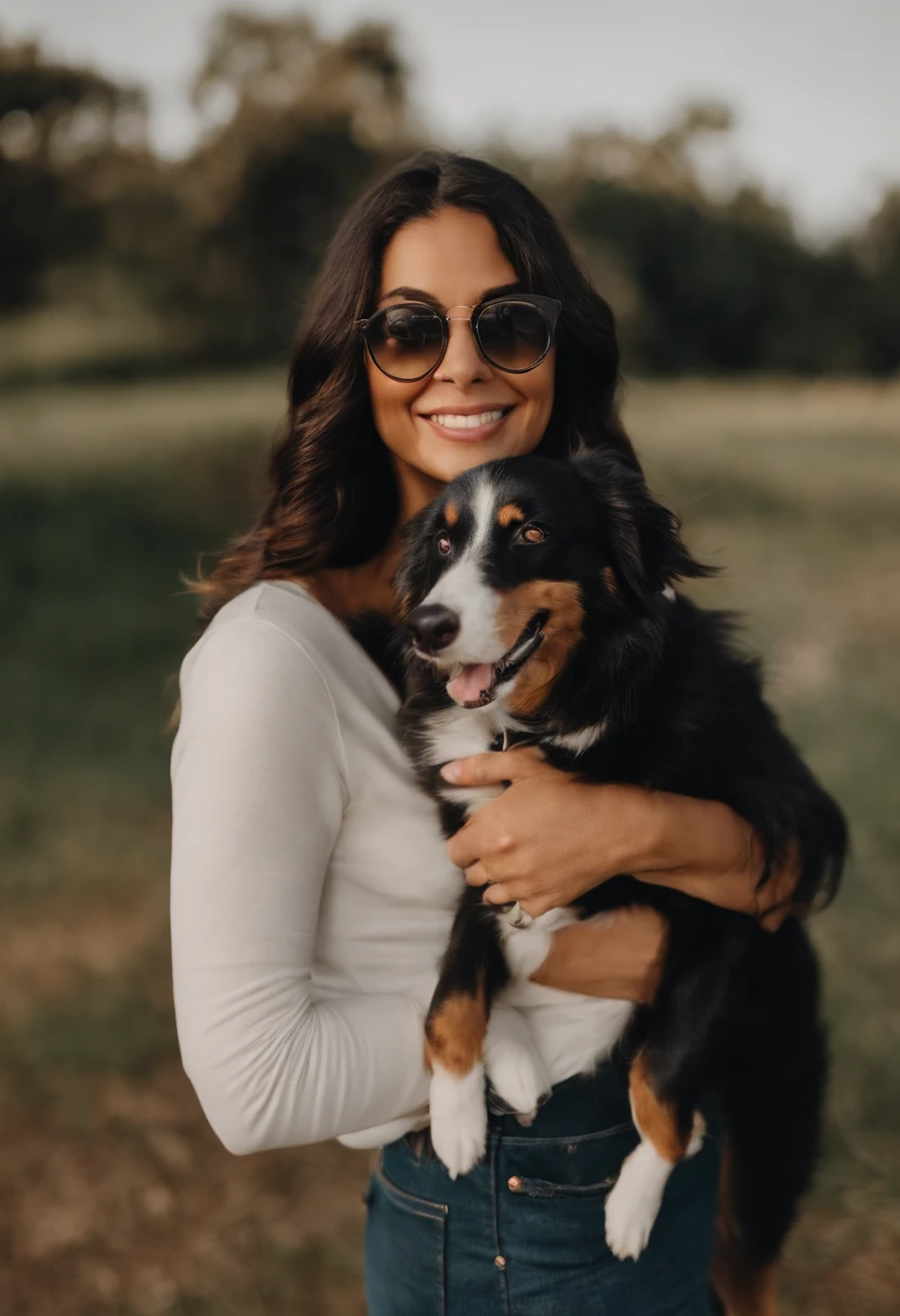 Pixar. Casal com um filhote de cachorro border collie marrom. A menina tem os cabelos marrom amarrados, Camiseta cinza e jeans claro, white glasses. O menino de cabelos pretos, barba pequena, oculos, Dark blue jeans and gray t-shirt. They are both smiling and are 25 years old